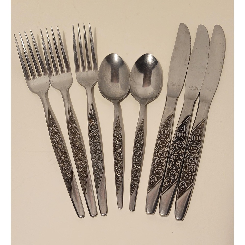 Vintage Lot Of 8 Nasco Caress Floral Pattern Stainless Japan Flatware Hosting